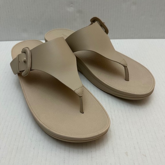 Fitflop Thong Sandals Womens US 11 EU 43 Lulu Covered Buckle Beige Leather Slide - Picture 1 of 11